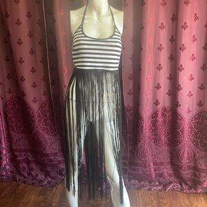 3/$20 Rehab Lab Black & White Striped Long Fringe Halter Crop Top Size Large